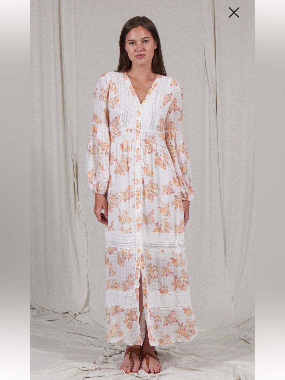 Floral White Maxi Dress with Peach Floral Print